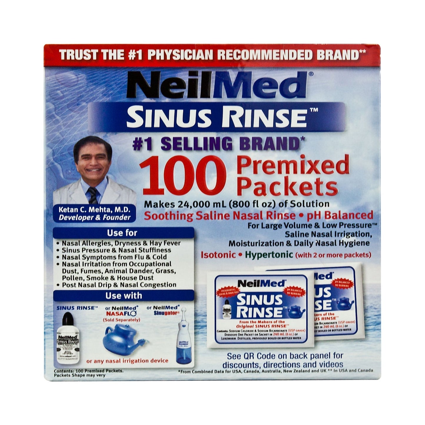 Saline Nasal Rinse Kit Neilmed Sinus Rinse 100 Packets, Packaging Type- Box