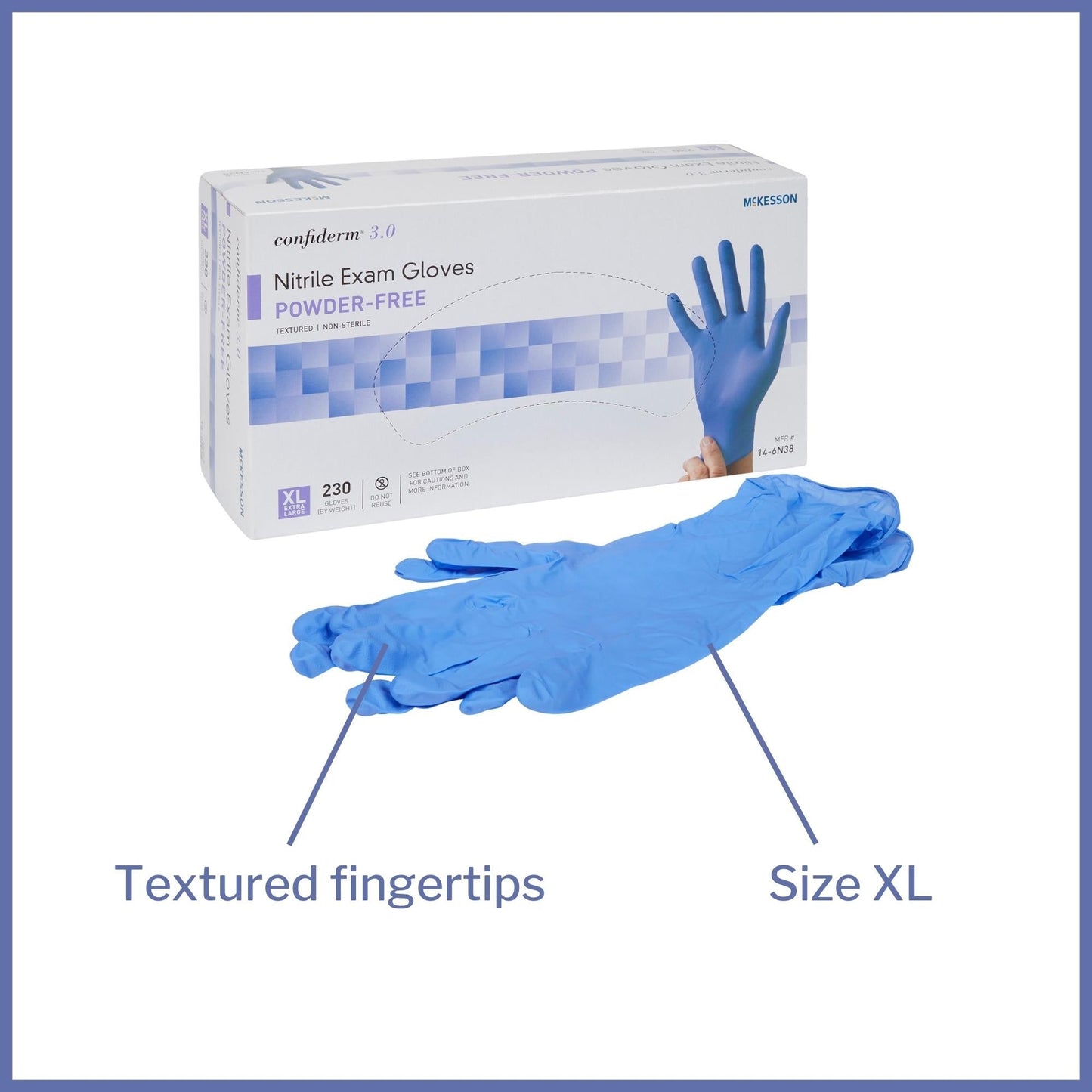 Exam Glove McKesson Confiderm 3.0 X-Large NonSterile Nitrile Standard Cuff Length Textured Fingertips Blue Not Rated, Packaging Type- Box