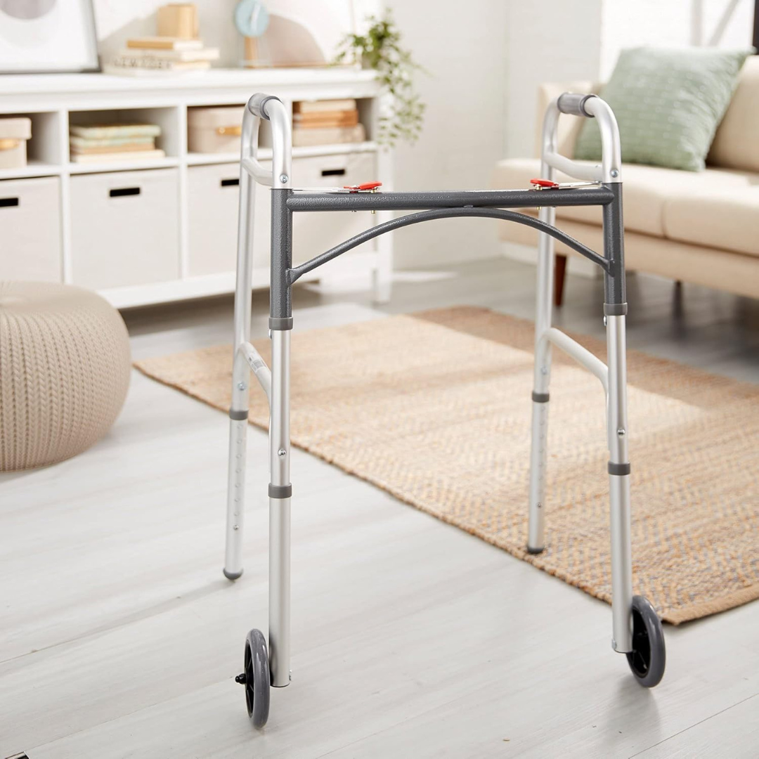 Dual Release Folding Walker with Wheels Adjustable Height McKesson Aluminum Frame 350 lbs. Weight Capacity 32 to 39 Inch Height