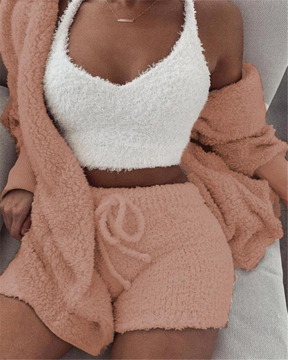Veluxe 3-Piece Women’s Velvet Lounge Set – Long Sleeve Crop Top, Tank, & Drawstring Shorts