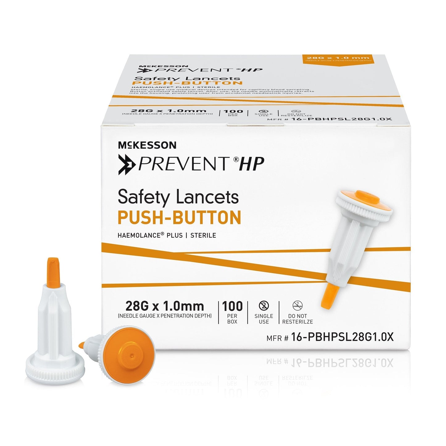 Safety Lancet McKesson Prevent HP 28 Gauge Retractable Push Button Activation Finger, Packaging Type- Box