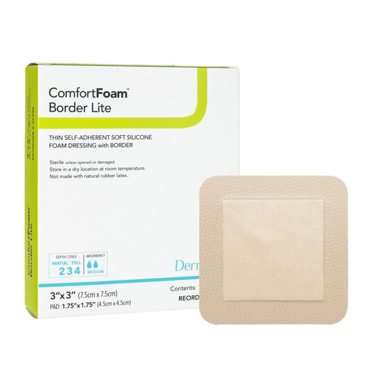 Thin Foam Dressing ComfortFoam™ Border Lite 3 X 3 Inch With Border Waterproof Backing Silicone Adhesive Square Sterile,  Packaging Type- Each