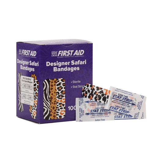 Adhesive Strip American White Cross Stat Strip 3/4 X 3 Inch Plastic Rectangle Kid Design (Designer Safari) Sterile, Packaging Type- Box