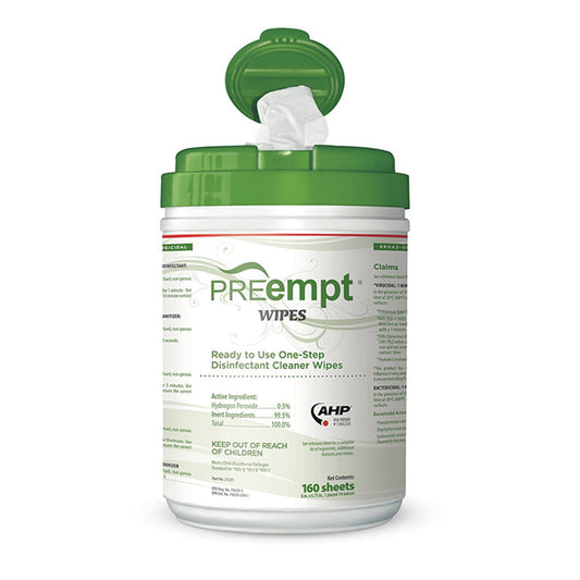 PREempt Surface Disinfectant Cleaner Premoistened Cleanroom Manual Pull Wipe 160 Count Canister Unscented NonSterile, Packaging Type- Box