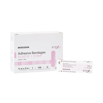 Adhesive Strip McKesson 3/4 X 3 Inch Plastic Rectangle Pink Sterile, Packaging Type- Box