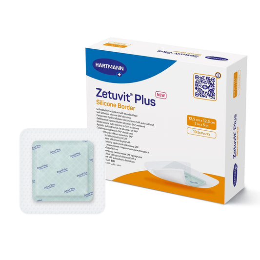 Super Absorbent Dressing Zetuvit Plus Silicone Border Silicone Adhesive 5 X 5 Inch Square,  Packaging Type- Each