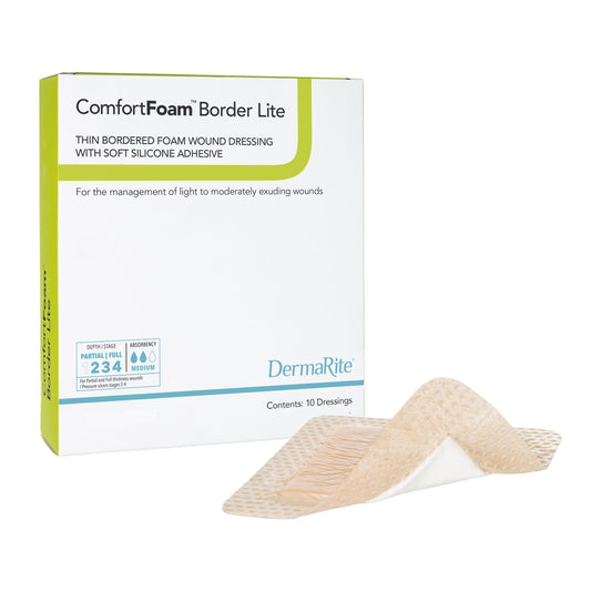 Thin Foam Dressing ComfortFoam™ Border Lite 2 X 2 Inch With Border Waterproof Backing Silicone Adhesive Square Sterile,  Packaging Type- Each