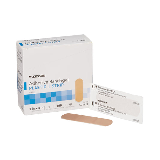 Adhesive Strip McKesson 1 X 3 Inch Plastic Rectangle Tan Sterile, Packaging Type- Case