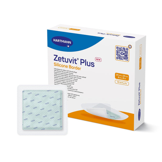 Super Absorbent Dressing Zetuvit Plus Silicone Border Silicone Adhesive 8 X 8 Inch Square,  Packaging Type- Each
