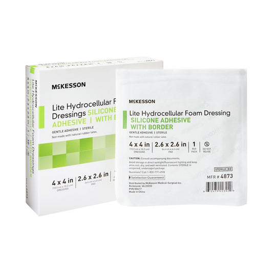 Thin Foam Dressing McKesson Lite 4 X 4 Inch With Border Film Backing Silicone Gel Adhesive Square Sterile, Packaging Type- Each