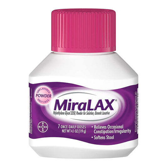 Laxative MiraLAX Unflavored Powder 4.1 oz. 17 Gram Strength Polyethylene Glycol 3350