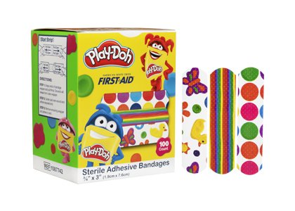 Adhesive Strip American White Cross 3/4 X 3 Inch Plastic Rectangle Kid Design (Play Doh) Sterile, Packaging Type- Box