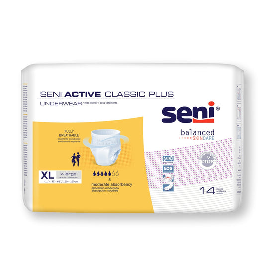 Unisex Adult Absorbent Underwear Seni Active Classic Plus Pull On with Tear Away Seams X-Large Disposable Moderate Absorbency, Packaging Type- Case
