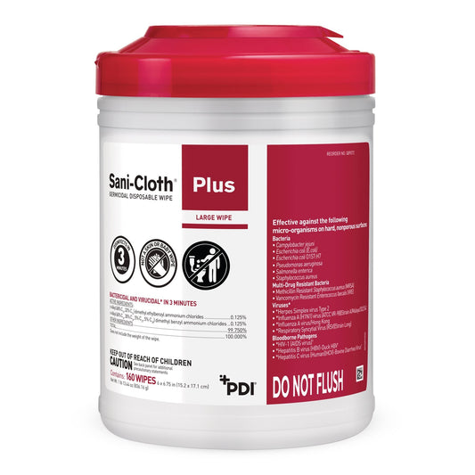 Sani-Cloth Plus Surface Disinfectant Cleaner Premoistened Germicidal Manual Pull Wipe 160 Count Canister Alcohol Scent NonSterile