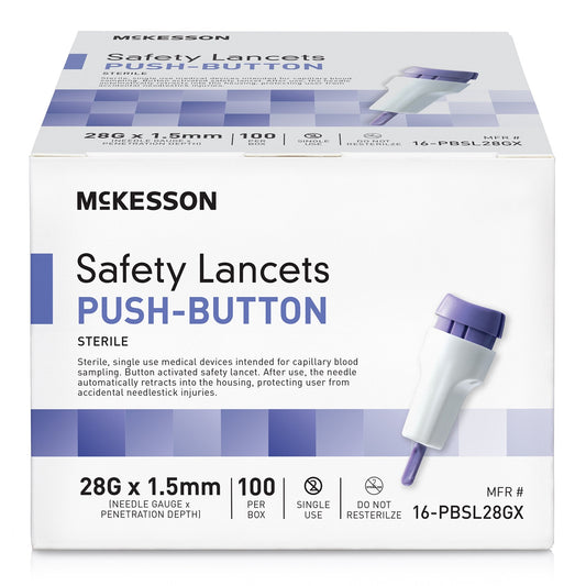 Safety Lancet McKesson 28 Gauge Retractable Push Button Activation Finger, Packaging Type- Box