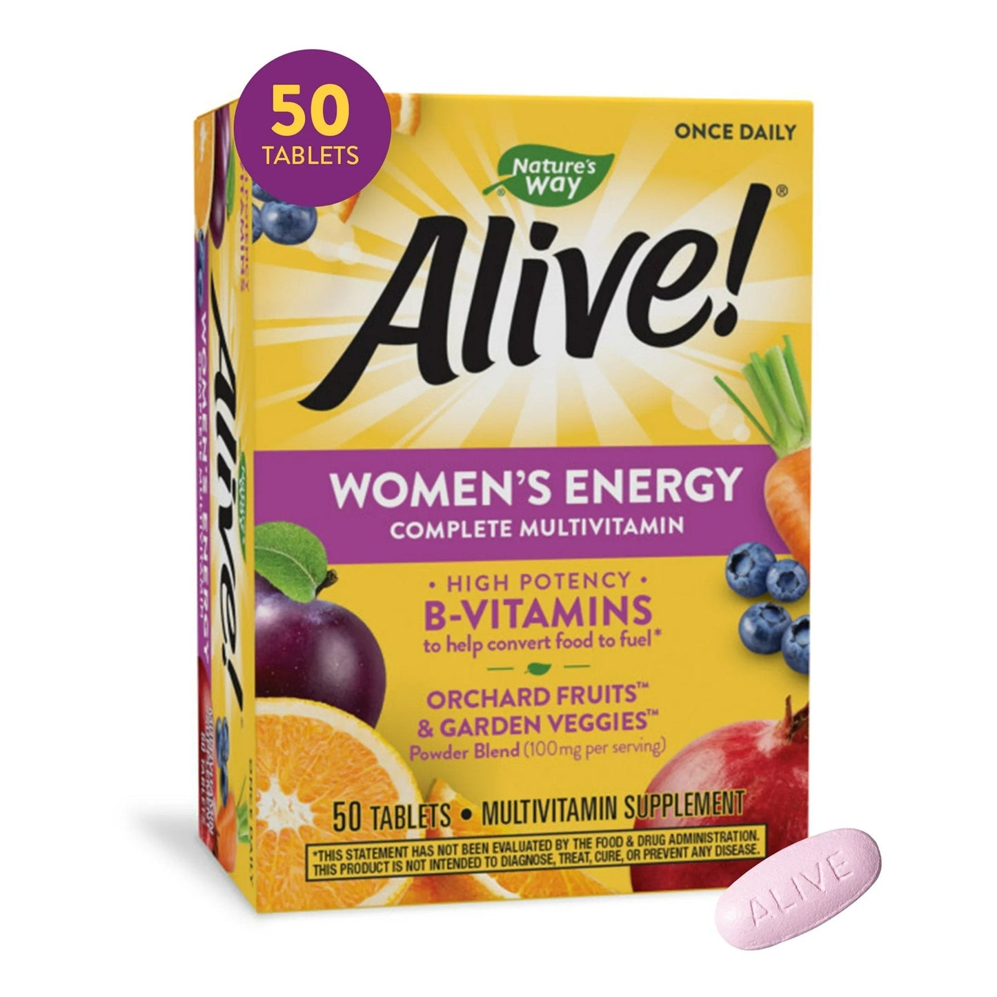Multivitamin Supplement Alive! Women’s Energy Complete Vitamin A / Vitamin C 900 mcg / 90 mg Strength Tablet 50 per Box,  Packaging Type- Box