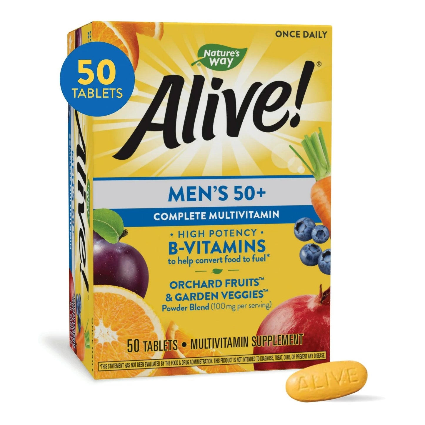 Multivitamin Supplement Alive! Men’s 50+ Vitamin A / Vitamin C 900 mcg / 180 mg Strength Tablet 50 per Box,  Packaging Type- Box