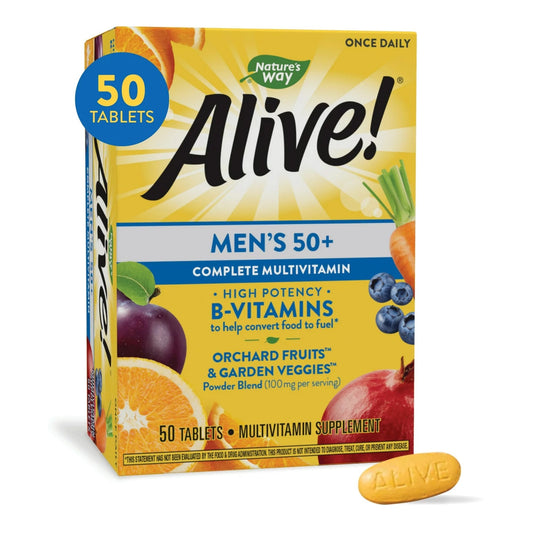 Multivitamin Supplement Alive! Men’s 50+ Vitamin A / Vitamin C 900 mcg / 180 mg Strength Tablet 50 per Box,  Packaging Type- Box