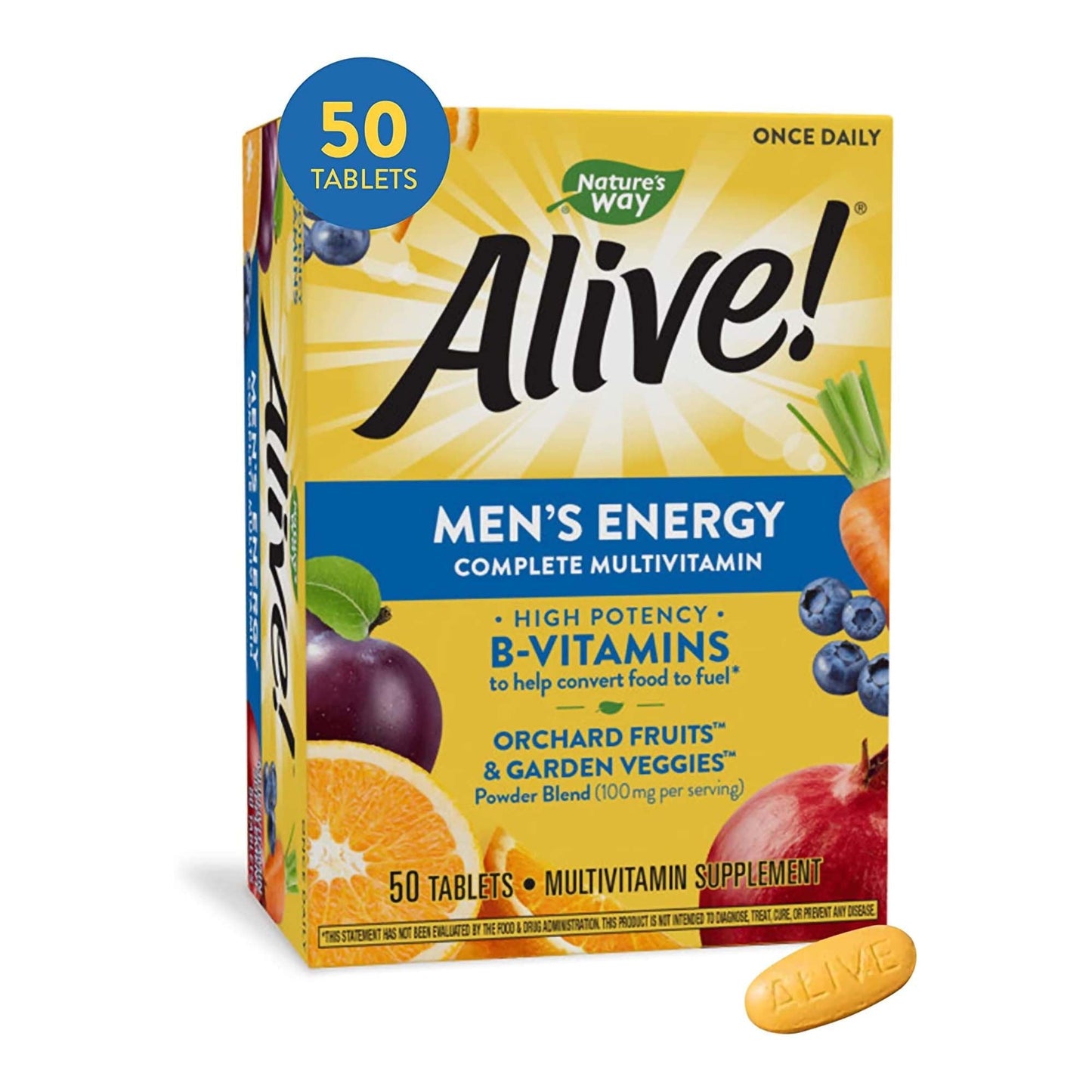 Multivitamin Supplement Alive! Men Energy Vitamin A / Vitamin C 900 mcg / 180 mg Strength Tablet 50 per Box, Packaging Type- Box