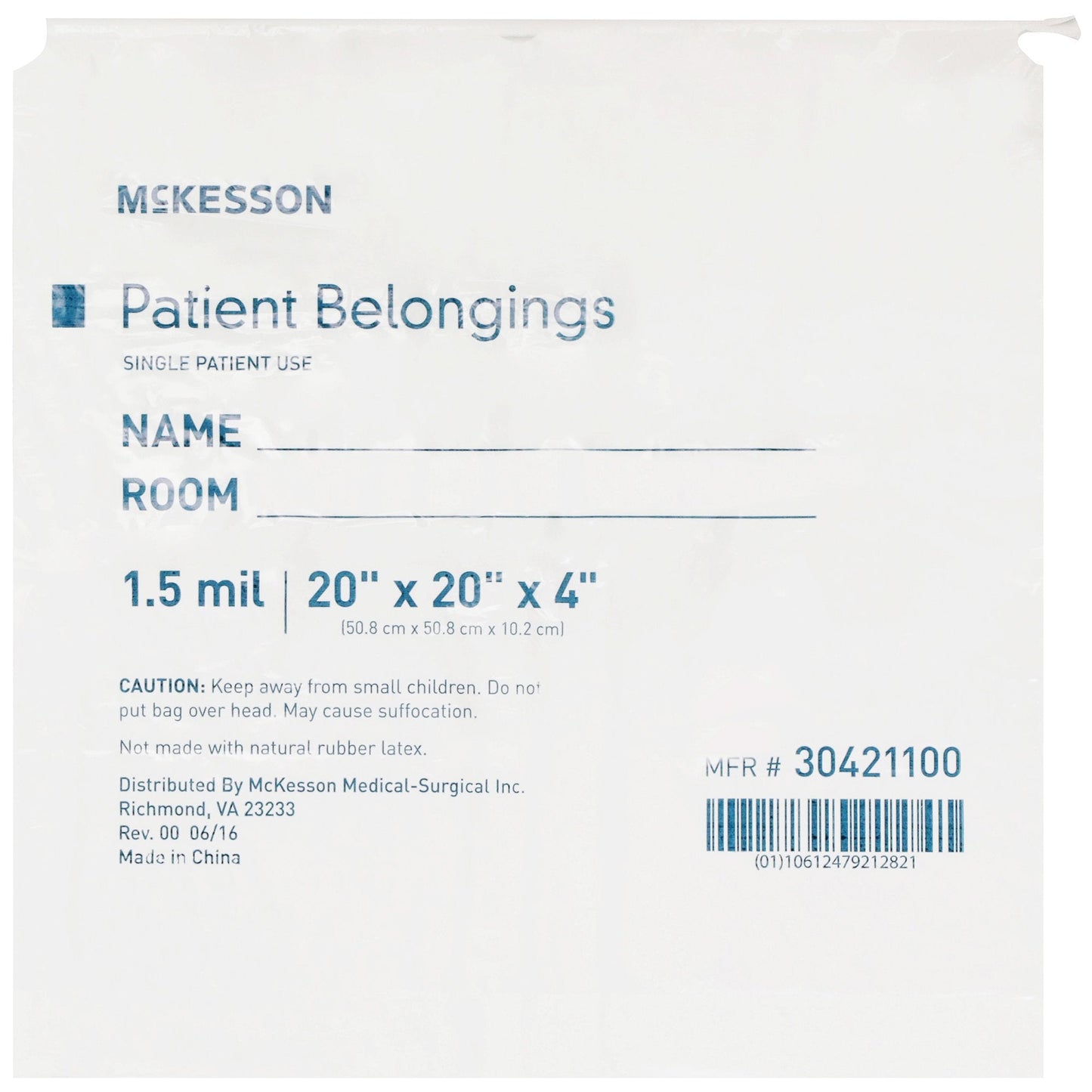 Patient Belongings Bag McKesson 4 X 20 X 20 Inch Polyethylene Drawstring Closure White, Packaging Type- Case