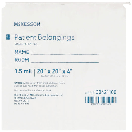 Patient Belongings Bag McKesson 4 X 20 X 20 Inch Polyethylene Drawstring Closure White, Packaging Type- Case