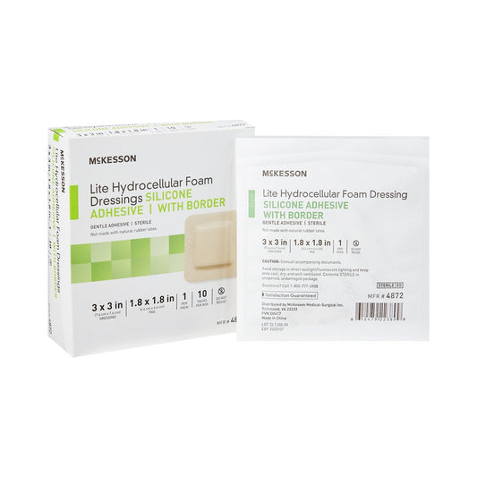 Thin Foam Dressing McKesson Lite 3 X 3 Inch With Border Film Backing Silicone Gel Adhesive Square Sterile, Packaging Type- Each