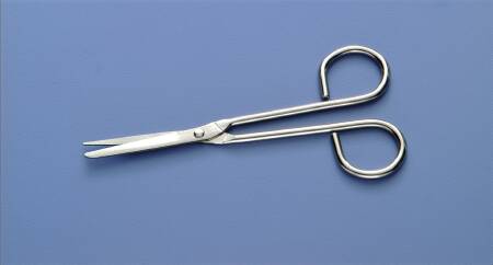 Utility Scissors Busse Nurse 5-1/4 Inch Length Floor Grade Stainless Steel Sterile Finger Ring Handle Angled Sharp Tip / Blunt Tip,  Packaging Type- Each