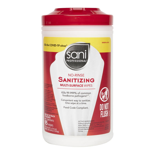 Sani Professional No-Rinse Sanitizing Multi-Surface Surface Cleaner / Sanitizer Premoistened Alcohol Based Manual Pull Wipe 95 Count Canister Alcohol Scent NonSterile, Packaging Type- Each