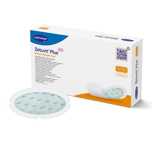 Super Absorbent Dressing Zetuvit Plus Silicone Border Silicone Adhesive 4.7 X 9 Inch Oval,  Packaging Type- Each