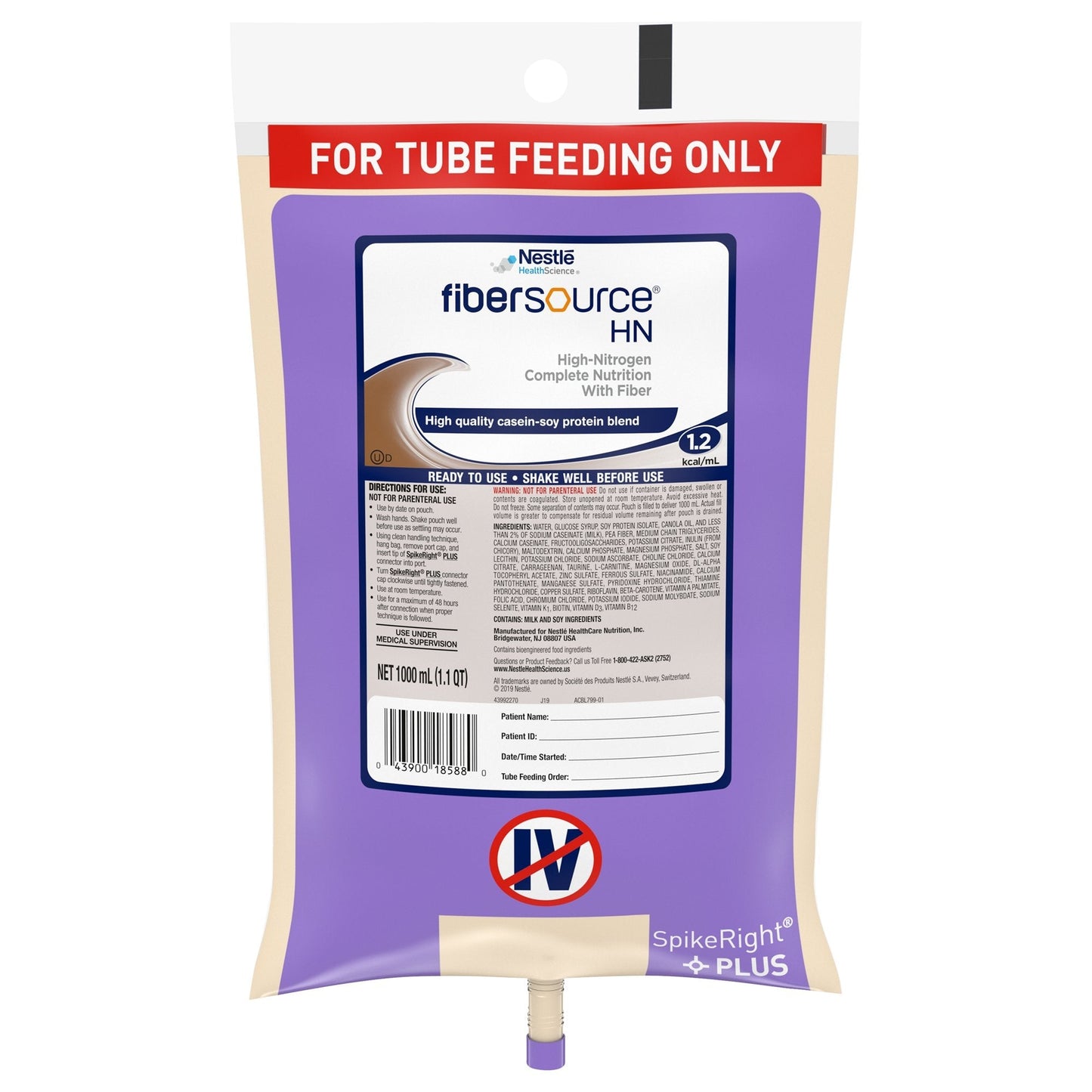 Tube Feeding Formula Fibersource HN Unflavored Liquid 1000 mL Ready to Hang Prefilled Container, Packaging Type- Case