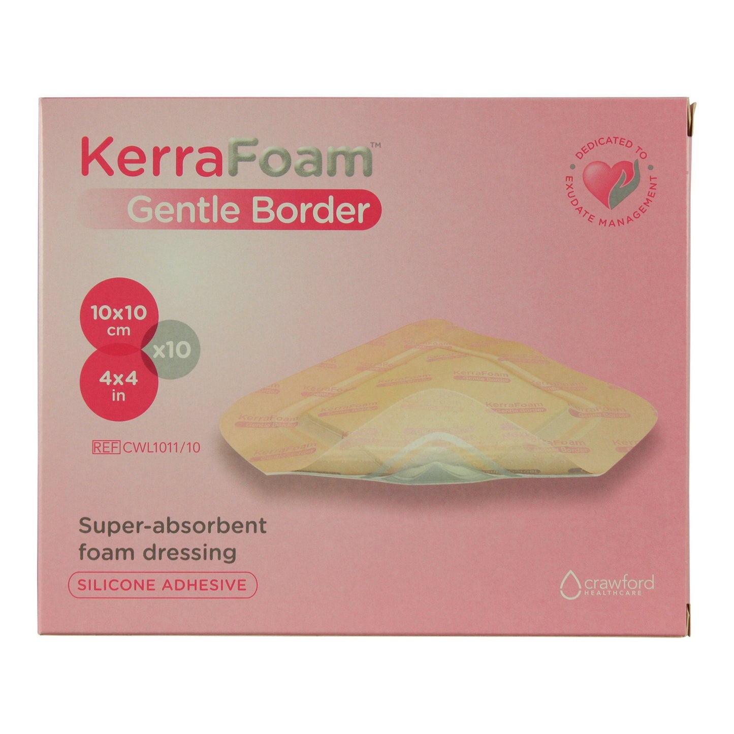Foam Dressing KerraFoam™ Gentle Border 4 X 4 Inch With Border Film Backing Silicone Adhesive Square Sterile,  Packaging Type- Each