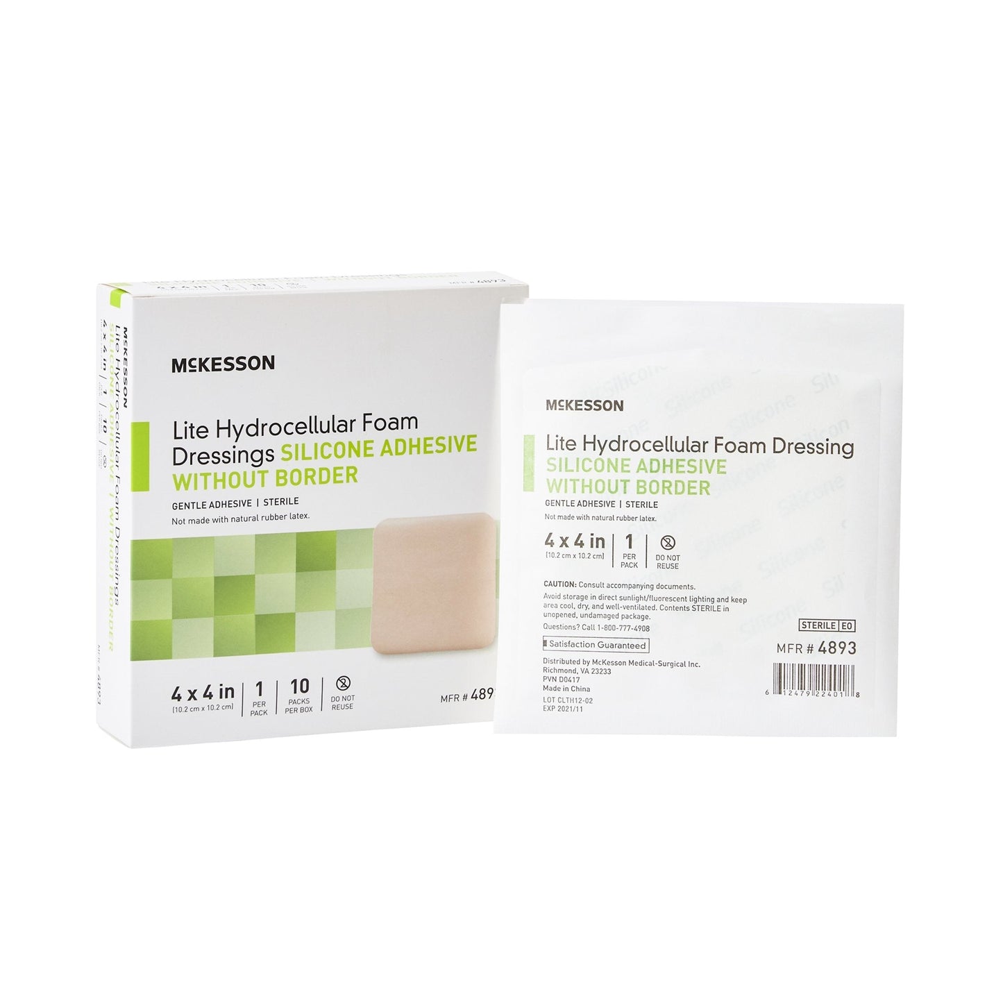 Thin Foam Dressing McKesson Lite 4 X 4 Inch Without Border Film Backing Silicone Gel Adhesive Square Sterile,  Packaging Type- Box