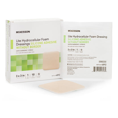 Thin Foam Dressing McKesson Lite 3 X 3 Inch Without Border Film Backing Silicone Gel Adhesive Square Sterile, Packaging Type