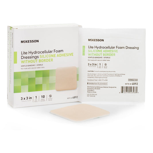 Thin Foam Dressing McKesson Lite 3 X 3 Inch Without Border Film Backing Silicone Gel Adhesive Square Sterile, Packaging Type