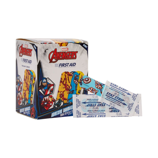 Adhesive Strip American White Cross Stat Strip 3/4 X 3 Inch Plastic Rectangle Kid Design (Black Panther / Captain America / Iron Man) Sterile, Packaging Type- Box