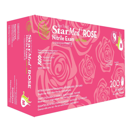 Exam Glove StarMed Rose Medium NonSterile Nitrile Standard Cuff Length Textured Fingertips Pink Not Rated, Packaging Type- Box