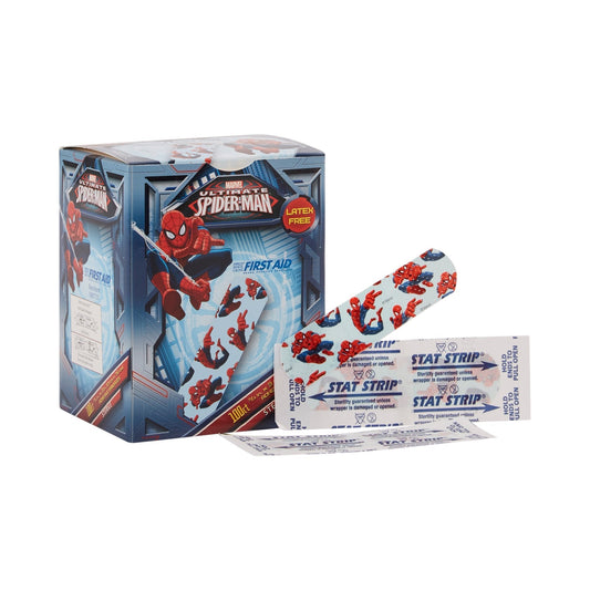 Adhesive Strip American White Cross Stat Strip 3/4 X 3 Inch Plastic Rectangle Kid Design (Spider-Man) Sterile, Packaging Type- Case