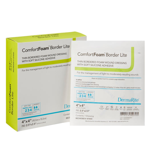 Thin Foam Dressing ComfortFoam™ Border Lite 4 X 4 Inch With Border Waterproof Backing Silicone Adhesive Square Sterile,  Packaging Type- Each
