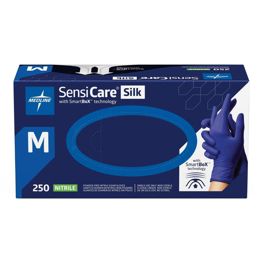 Exam Glove SensiCare Silk Medium NonSterile Nitrile Textured Fingertips Dark Blue Chemo Tested, Packaging Type- Box