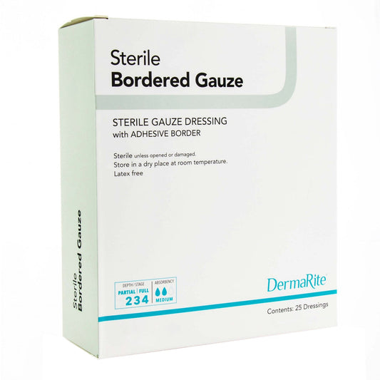 Island Dressing DermaRite Bordered Gauze 4 X 5 Inch Rectangle Sterile,  Packaging Type- Box