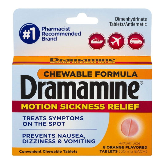 Nausea Relief Dramamine 50 mg Strength Chewable Tablet 8 per Box, Packaging Type- Box