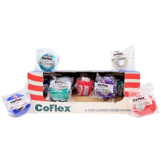Cohesive Bandage CoFlex 1 Inch X 5 Yard Self-Adherent Closure Teal / Blue / White / Purple / Red / Green NonSterile 14 lbs. Tensile Strength, Packaging Type- Box