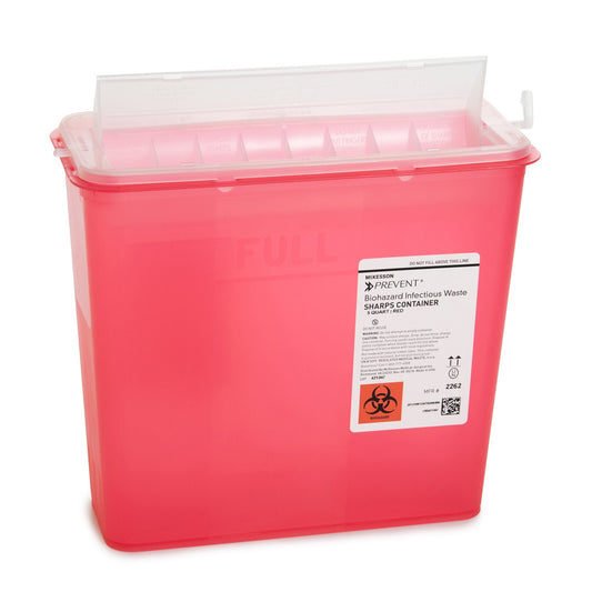 Sharps Container McKesson Prevent Translucent Red Base 10-3/4 H X 10-1/2 W X 4-3/4 D Inch Horizontal Entry 1.25 Gallon, Packaging Type - Box